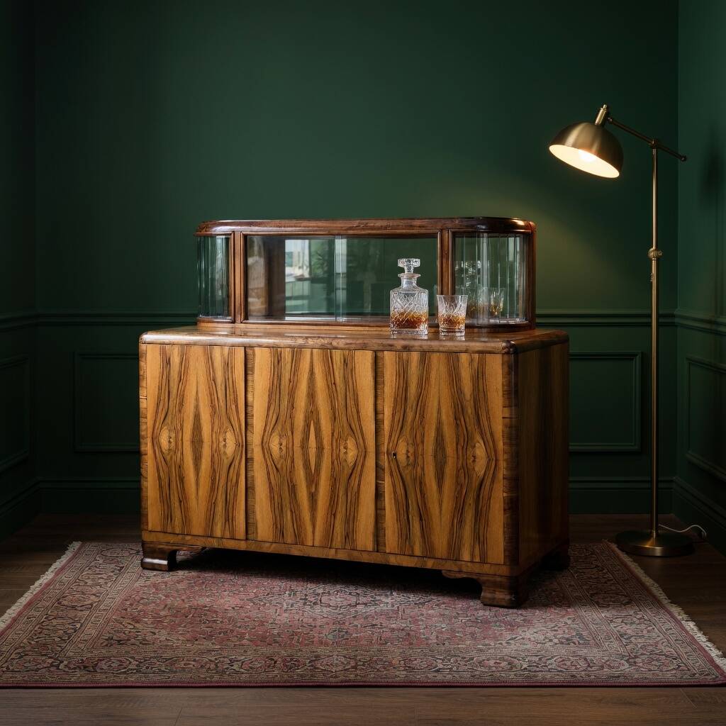 Exceptional Art Deco Walnut Sideboard with Slatted Glass Display - 1930s Fu