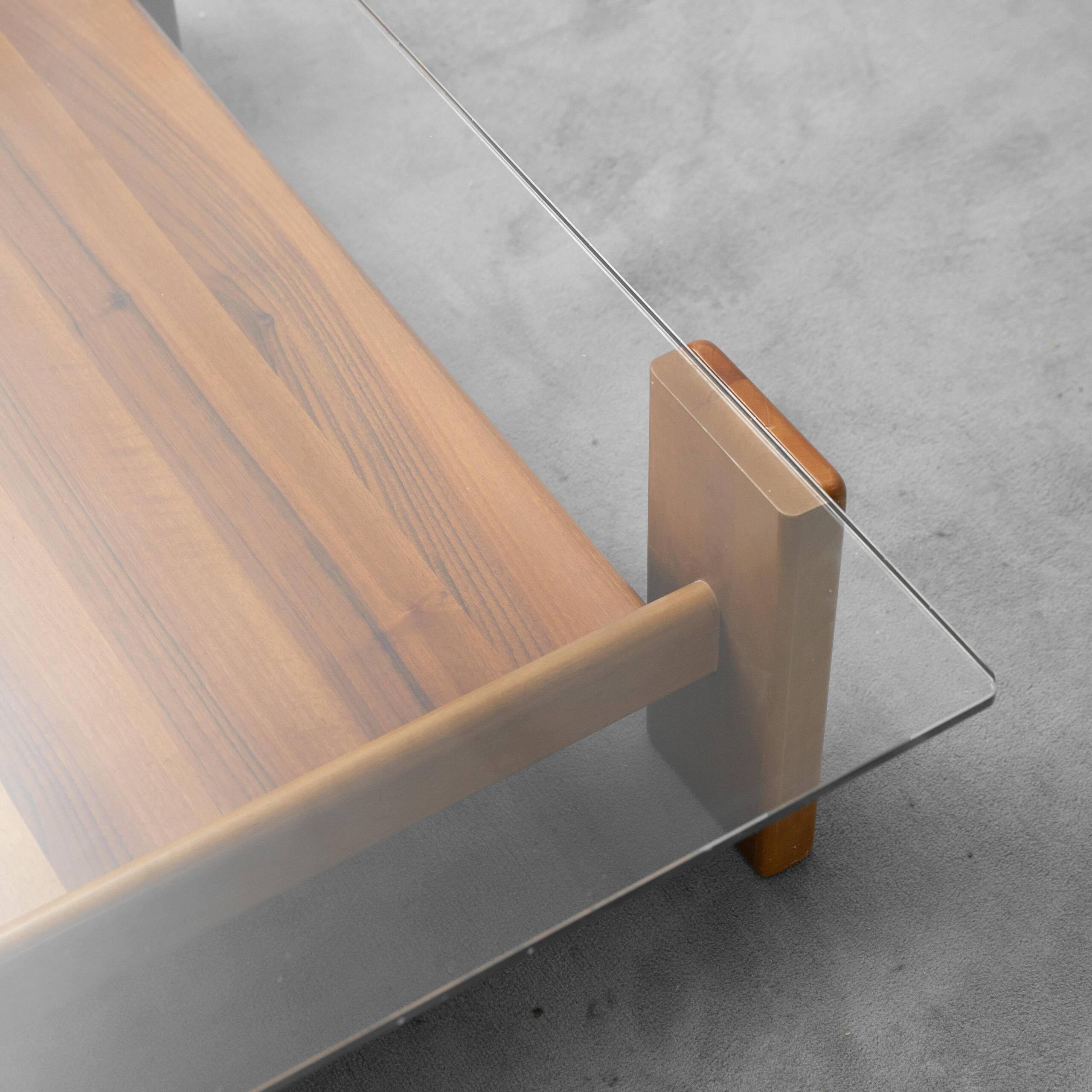 Vintage coffee table in glass and wood, modernist design, 1970s