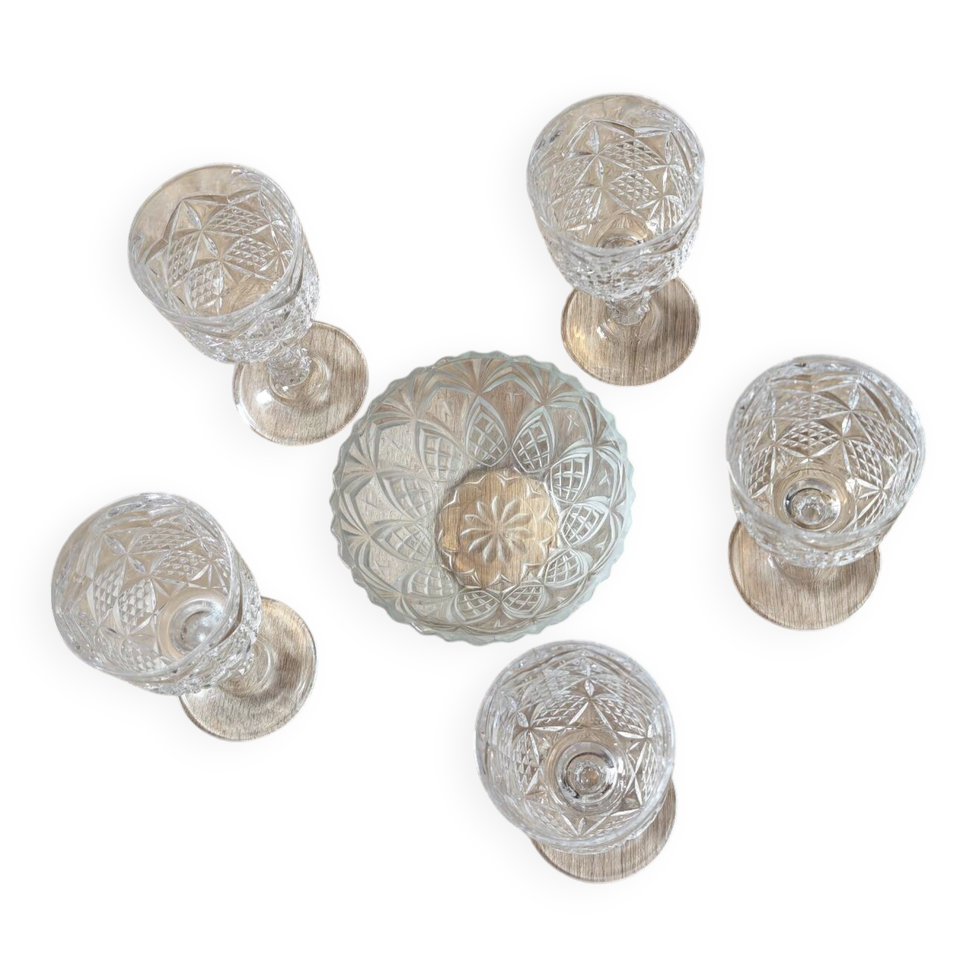 Set of 5 cut glass glasses + vintage crystal bowl