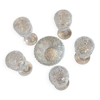 Set of 5 cut glass glasses + vintage crystal bowl