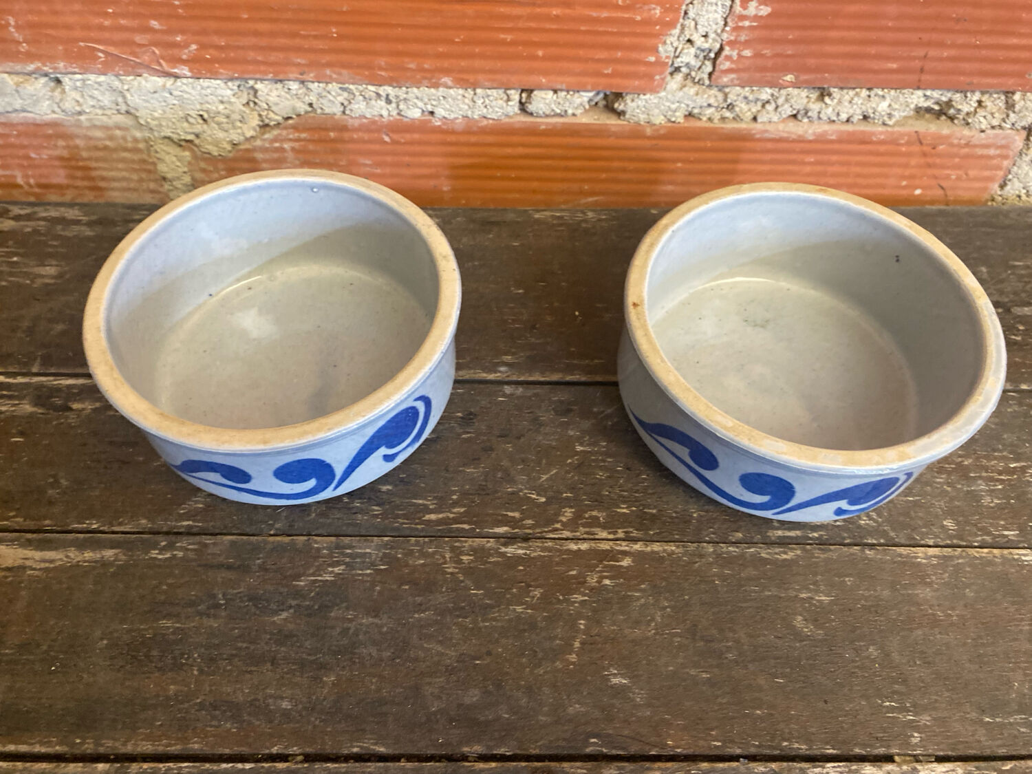 Pair of antique bowls handarbeit salt glaze blue decor vintage #d662