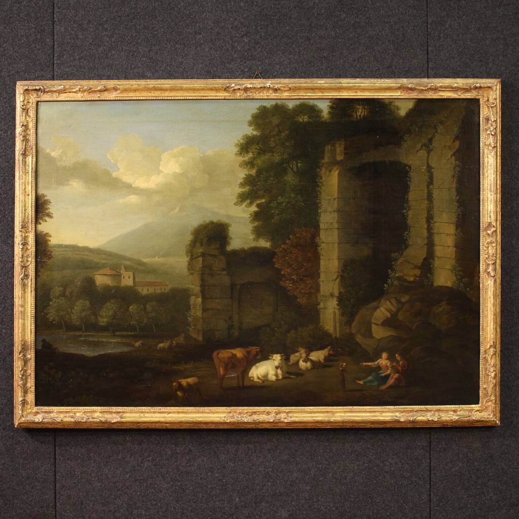 Great 17th century Italian painting, bucolic landscape with ruins