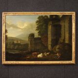 Great 17th century Italian painting, bucolic landscape with ruins