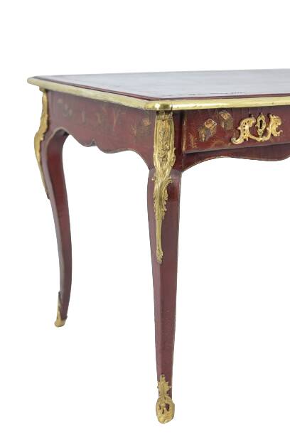 Louis XV style bureau plat with lake scene decoration. Circa 1850.