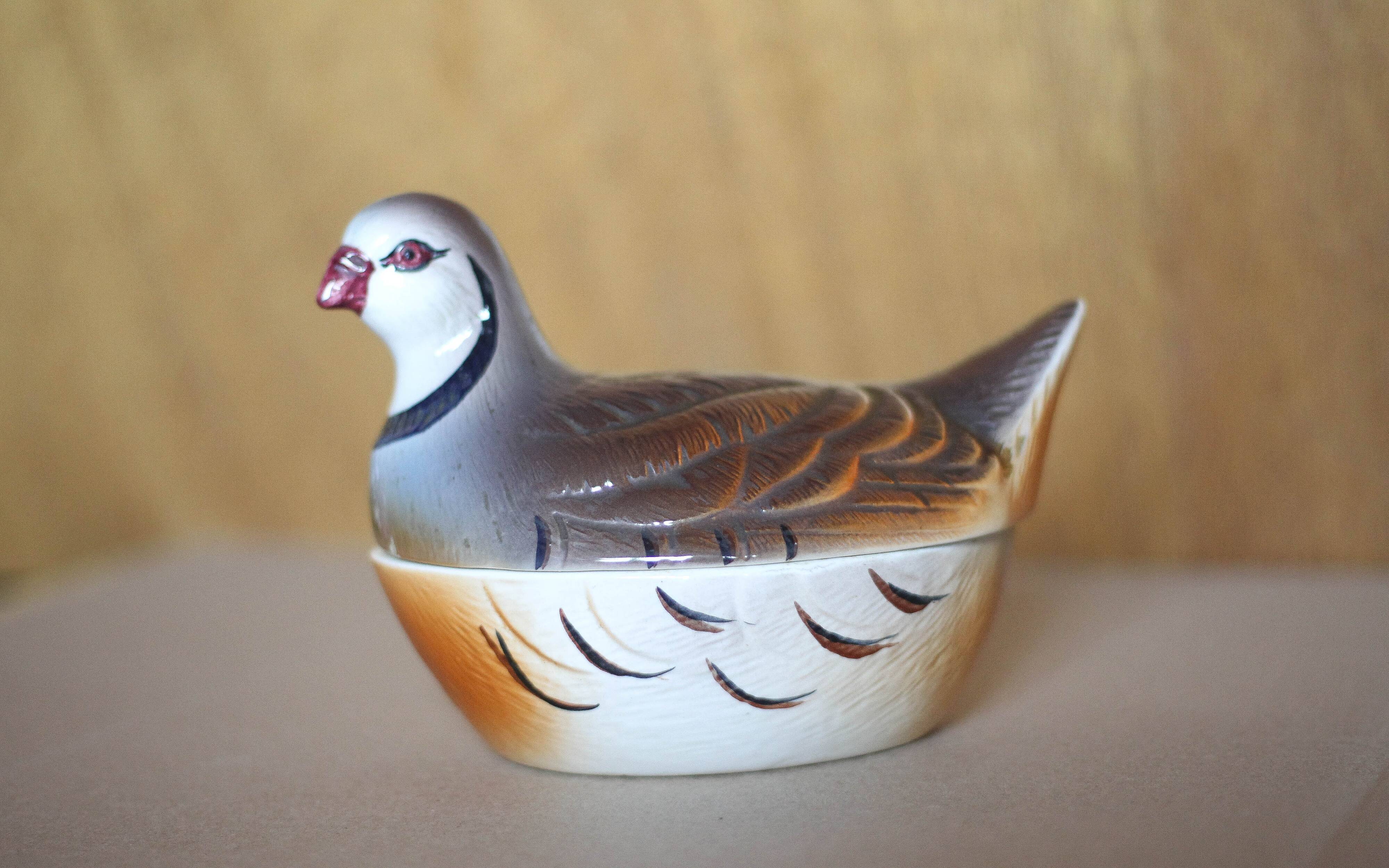 Michel Caugant terrine, partridge-shaped terrine, earthenware bird