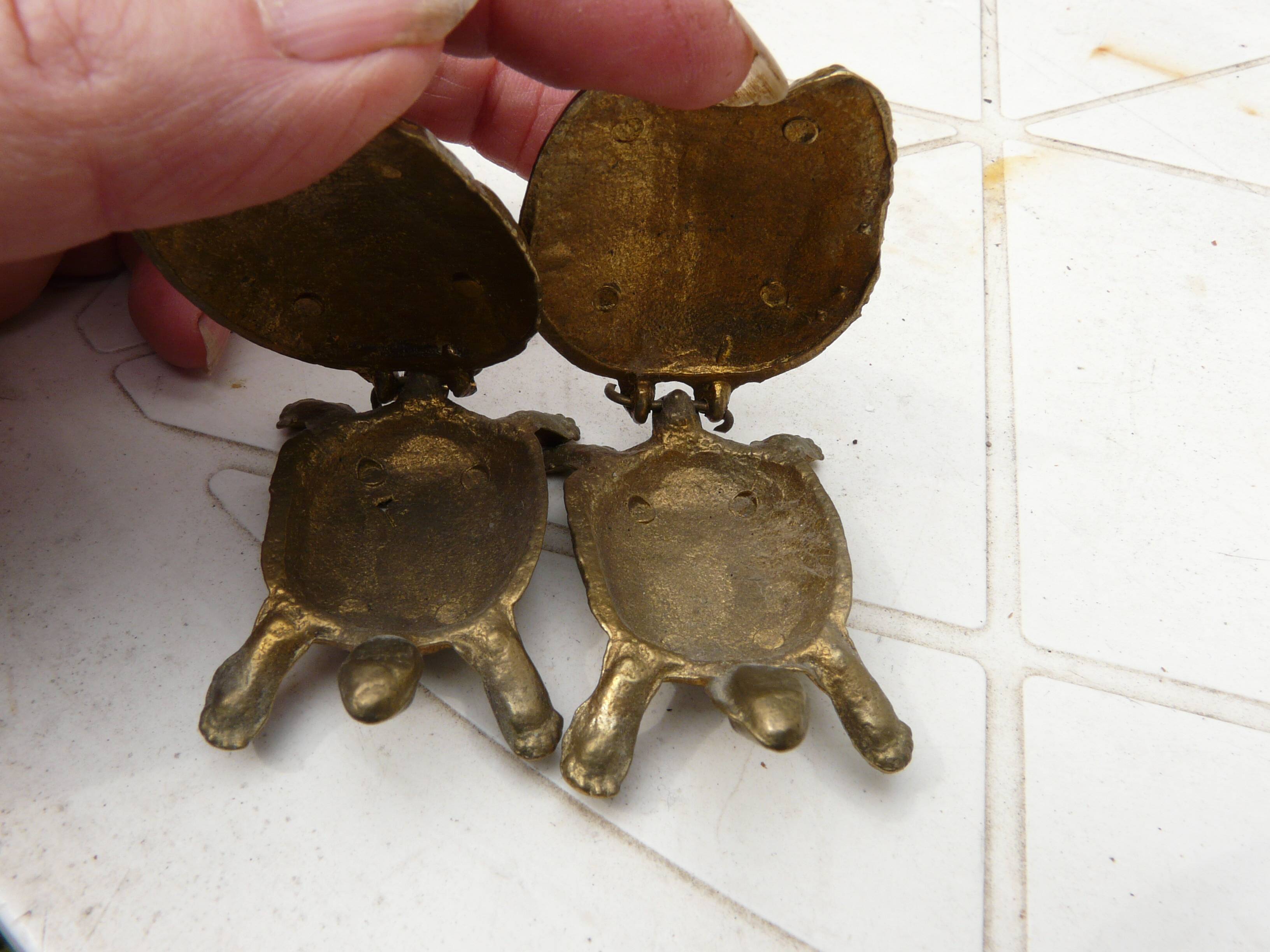 Pair of brass and enameled turtle jewelry box