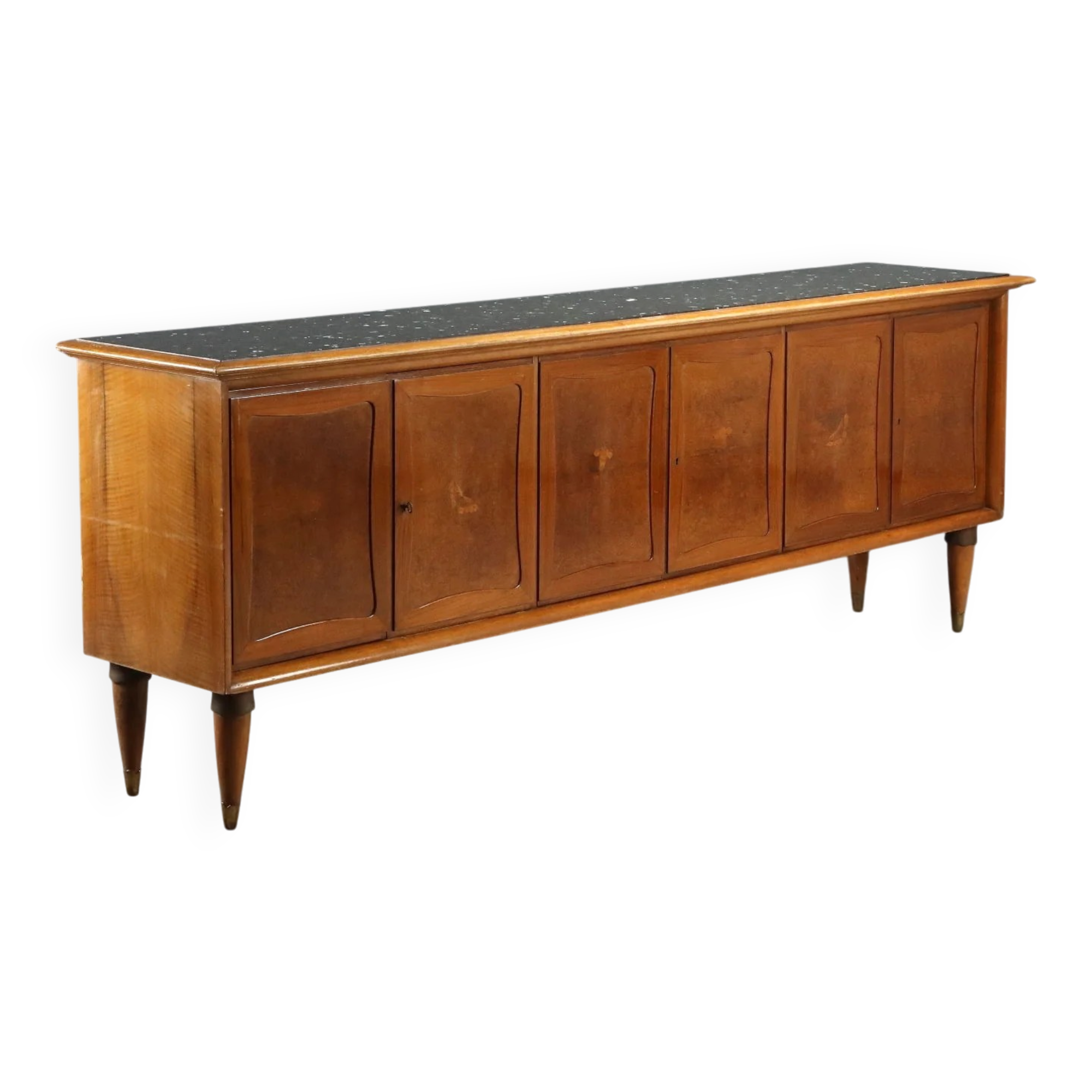 Vintage buffet in walnut veneer and burl, 1950s design.