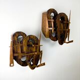 Pair of Brutalist wood & copper wall sconces, Italy, 1970s