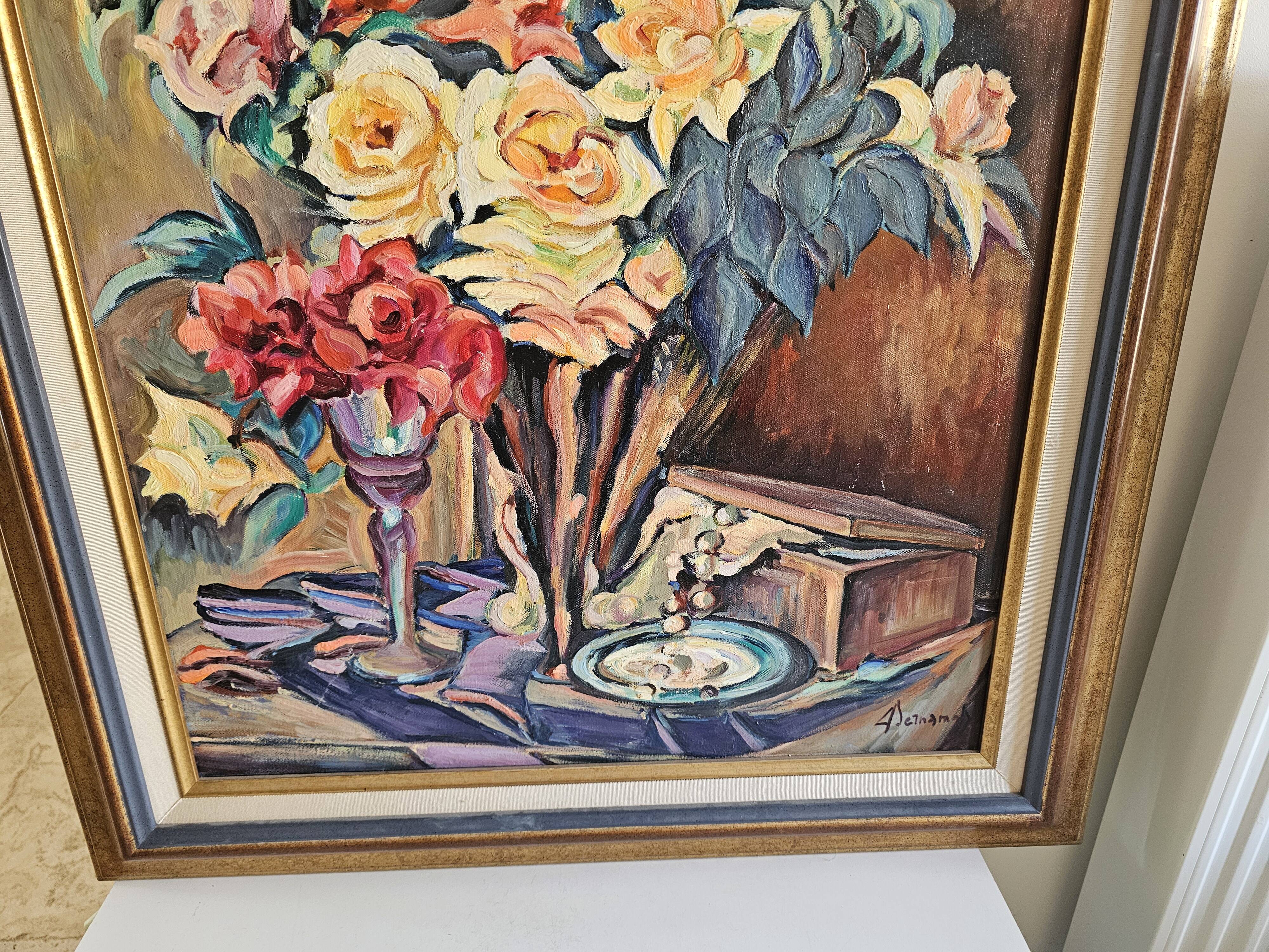 Oil on Canvas Still Life Flower Bouquet Signed Bernamonti