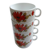 4 white opaline glass cups with red flowers in 1970s style, France.