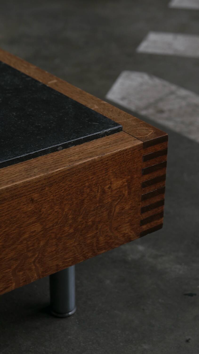 Belgian coffee table from the 80s, oak and blue stone from Belgium.
