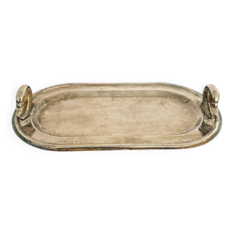 Oval silver plated metal dish with swan head handles