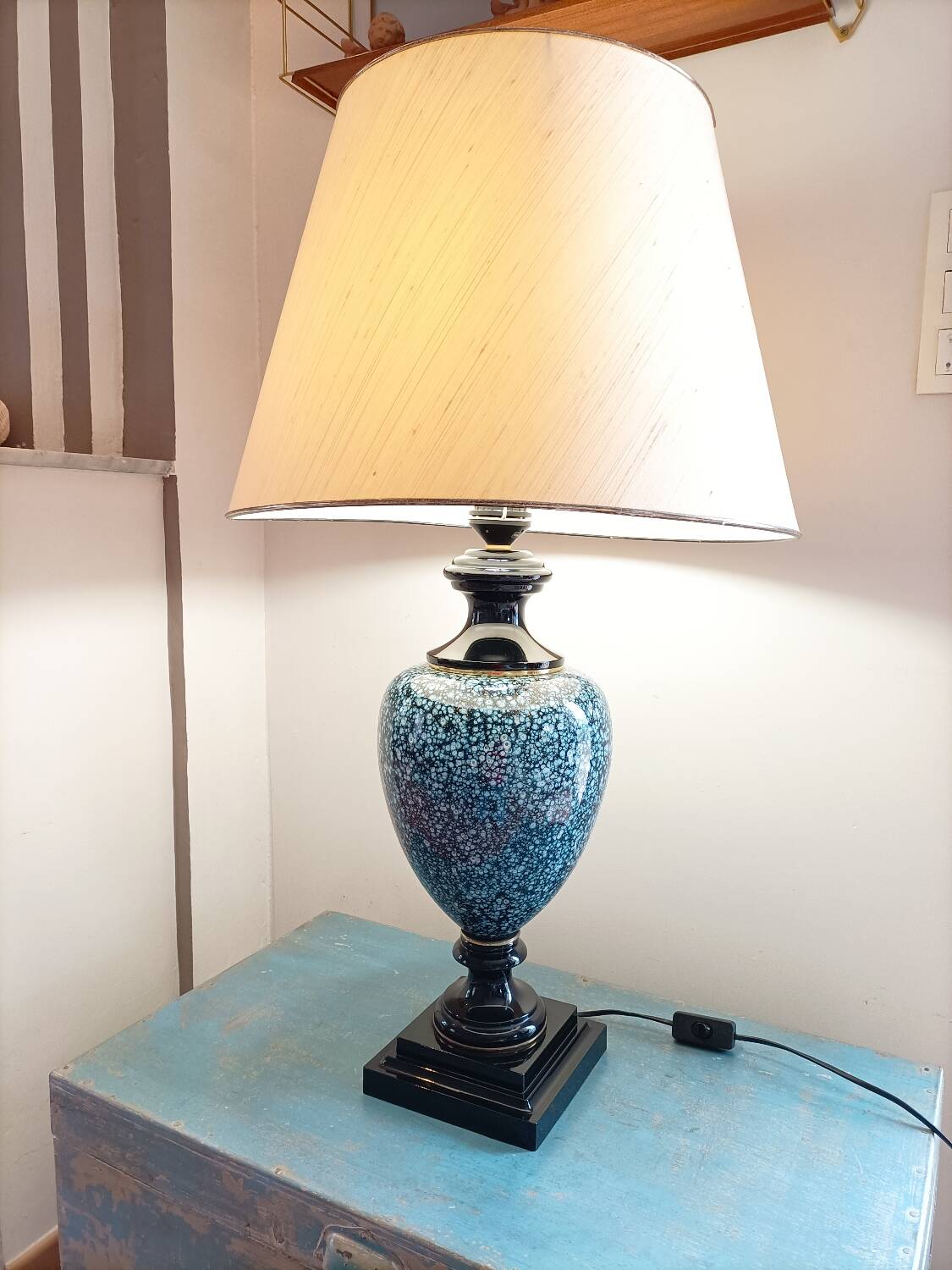 Large ceramic lamp base in blue, gold and black