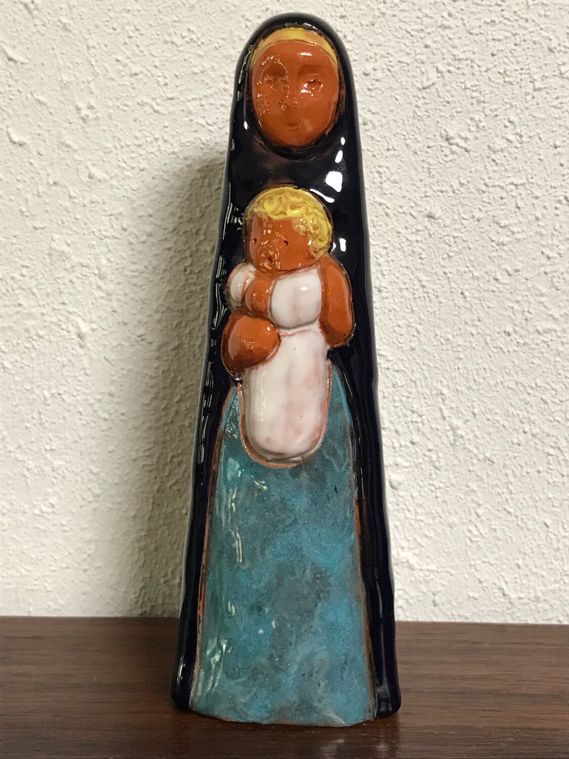 Virgin child statuette glazed terracotta
