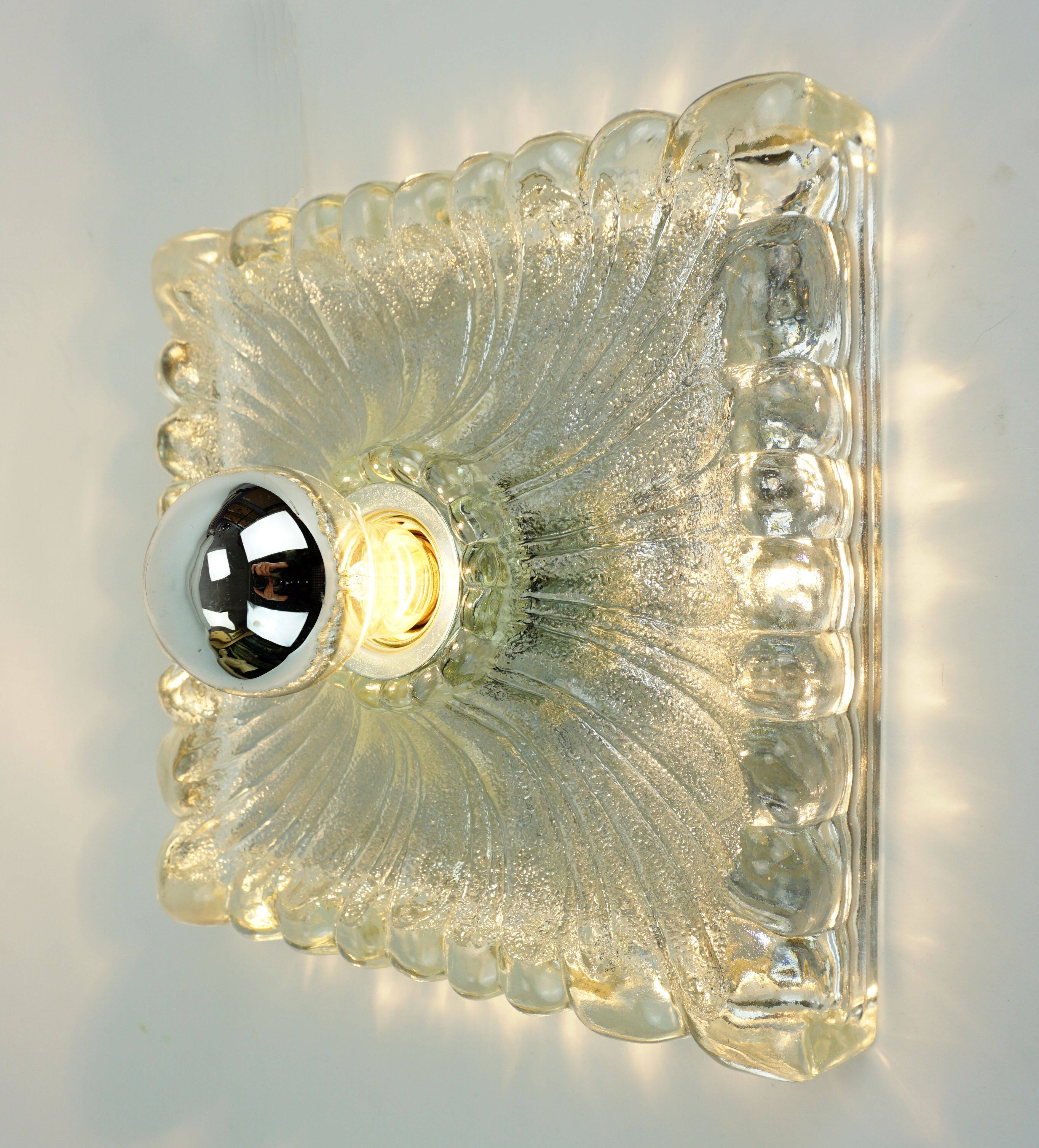 Heavy mid century ice glass wall lamp 1960s 70s sconce hustadt-leuchten