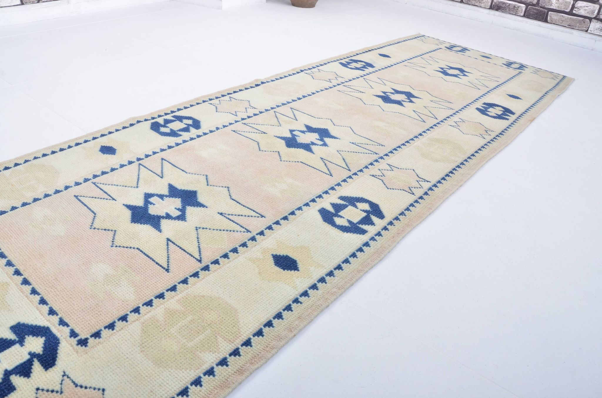 Beige And Blue Oushak Runner Rug sku 3324