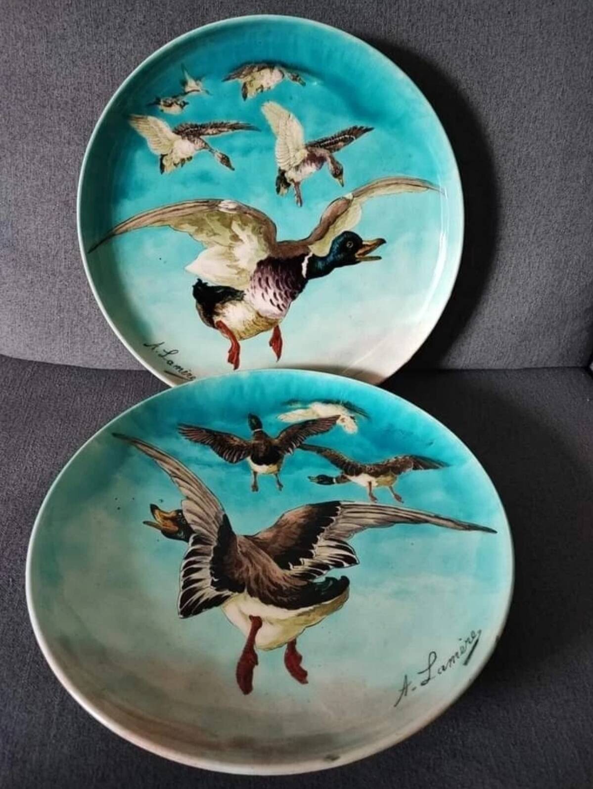 Pair of plates Auguste Lamère flying duck workshop Théodore Deck