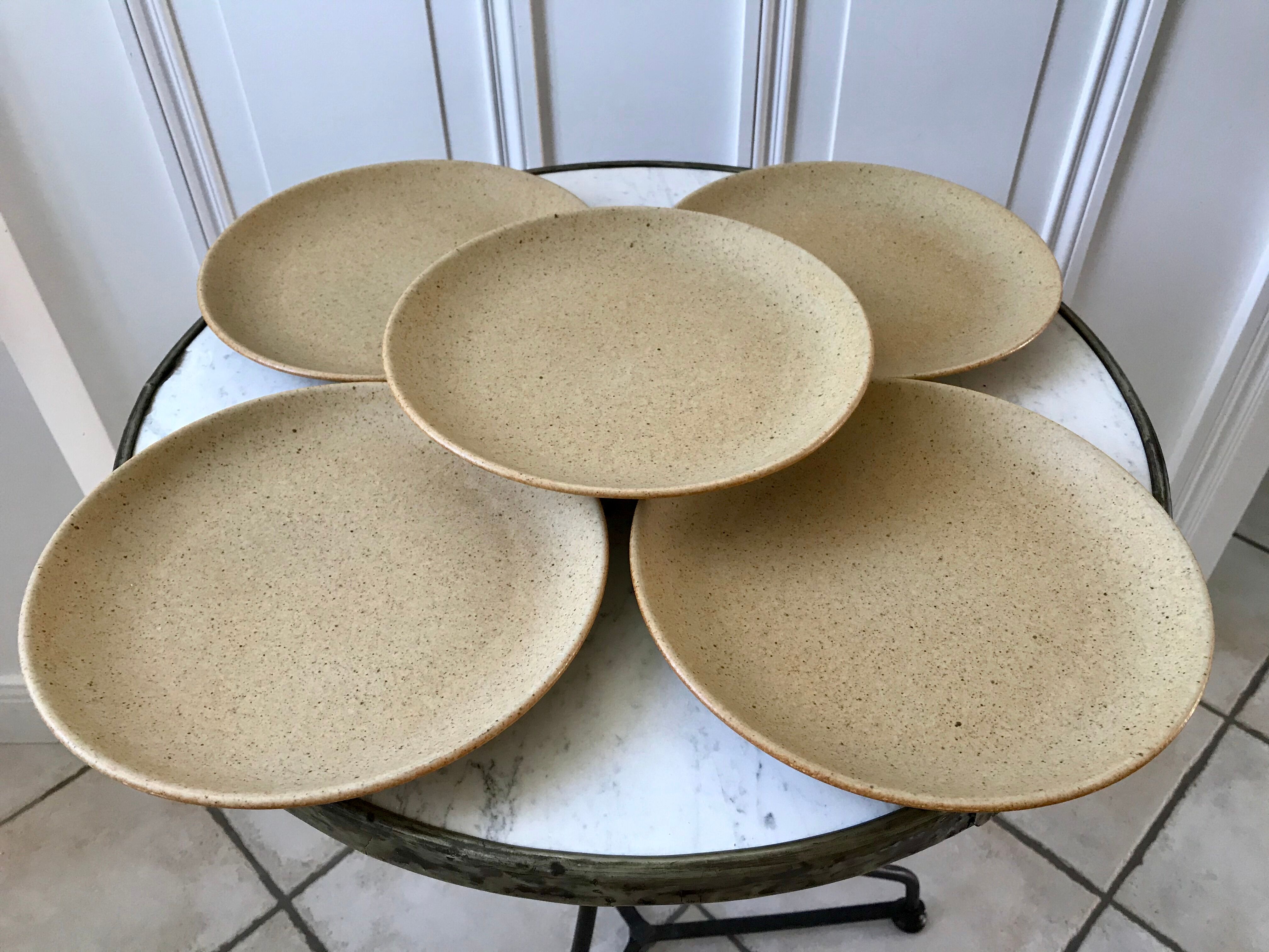 lot of 5 flat stoneware plates Made in France 70s