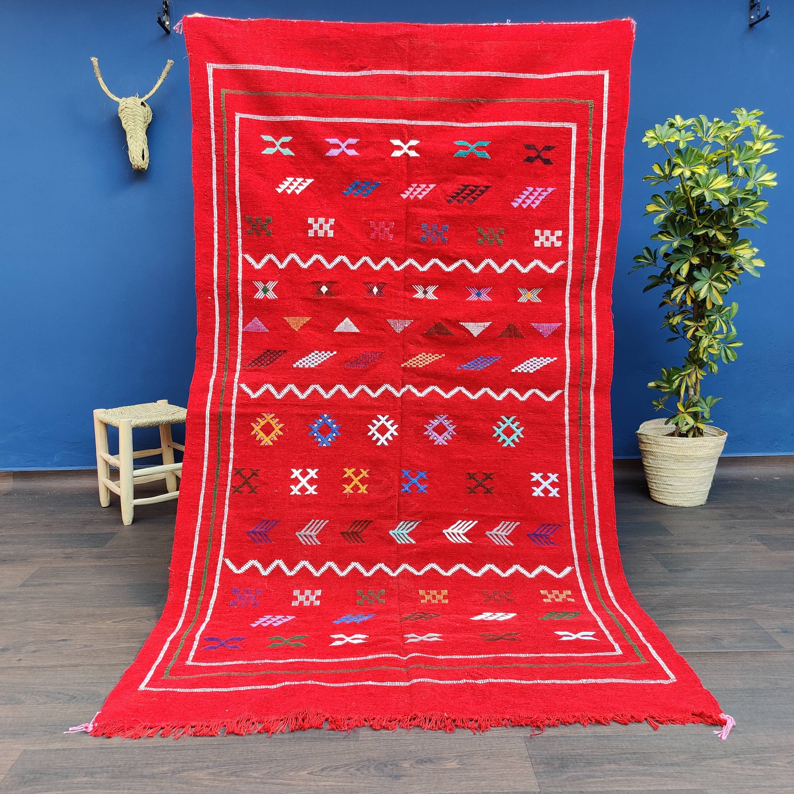 Moroccan berber carpet made ethnic red hand 132x240 cm