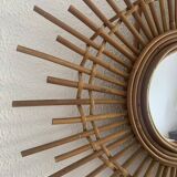 Miroir vintage 1960 soleil étoile asymétrique rotin osier - 52 cm
