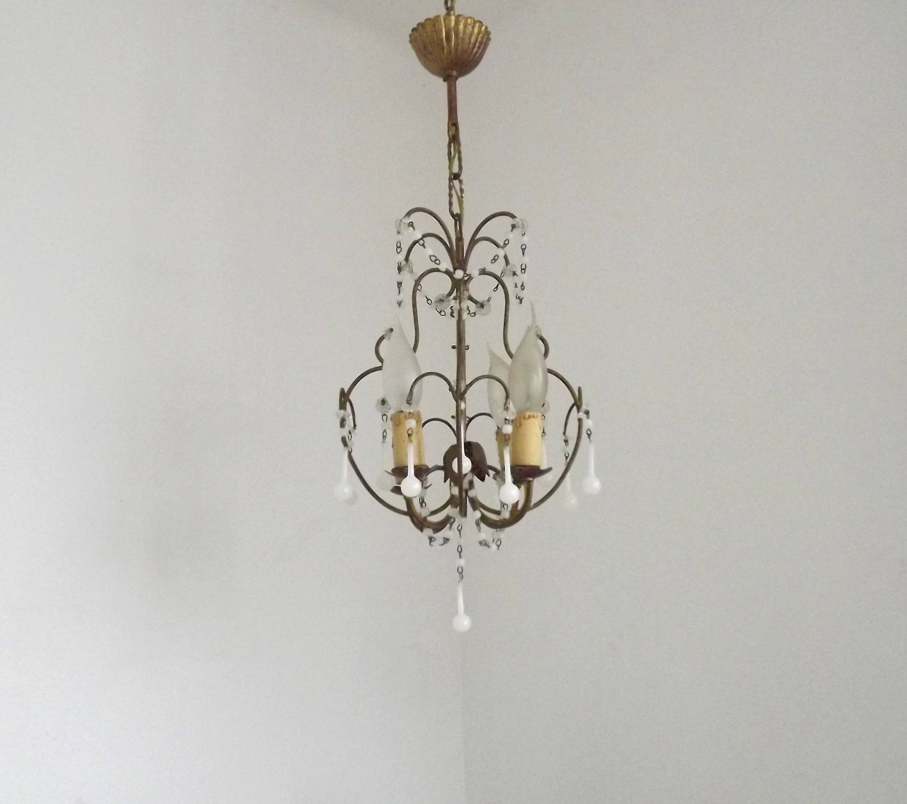 French Vintage 4 Light Metal Cage Chandelier with White Murano Drops and Beads