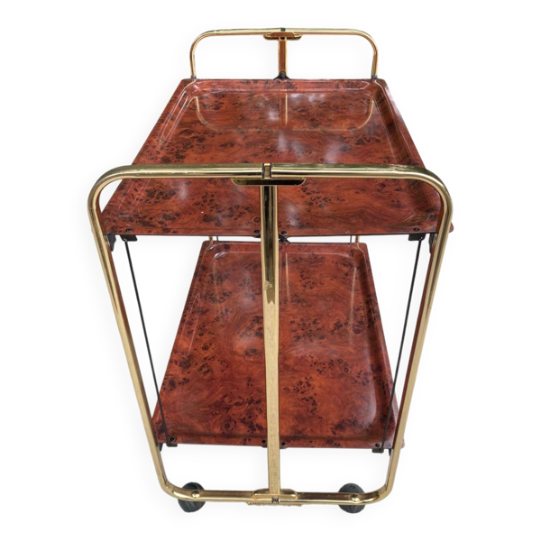 Desserte bar pliante vintage 70s laiton imitation loupe de bois style Dinet
