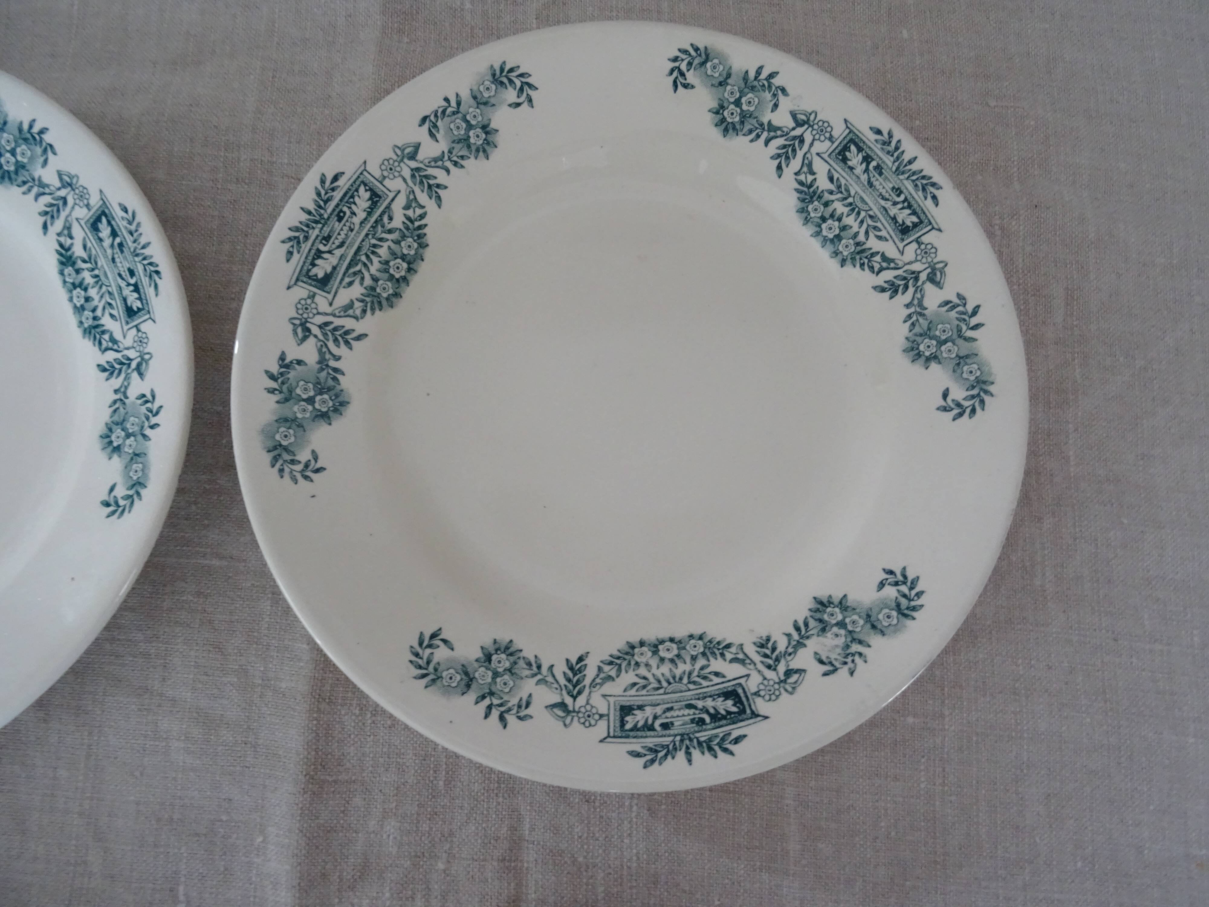 5 Plates flat Longchamp Lutèce faience old laurel green iron earth