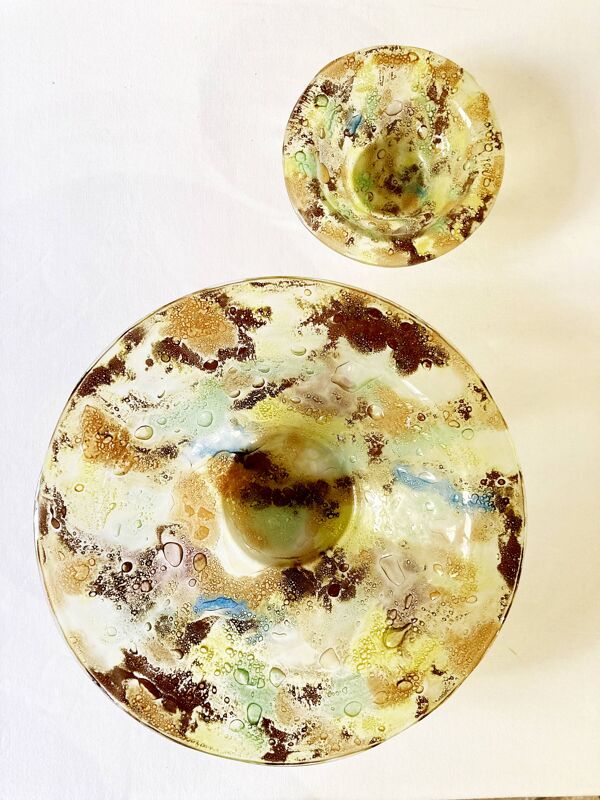 Saladier et 6 bols en verre artisanal