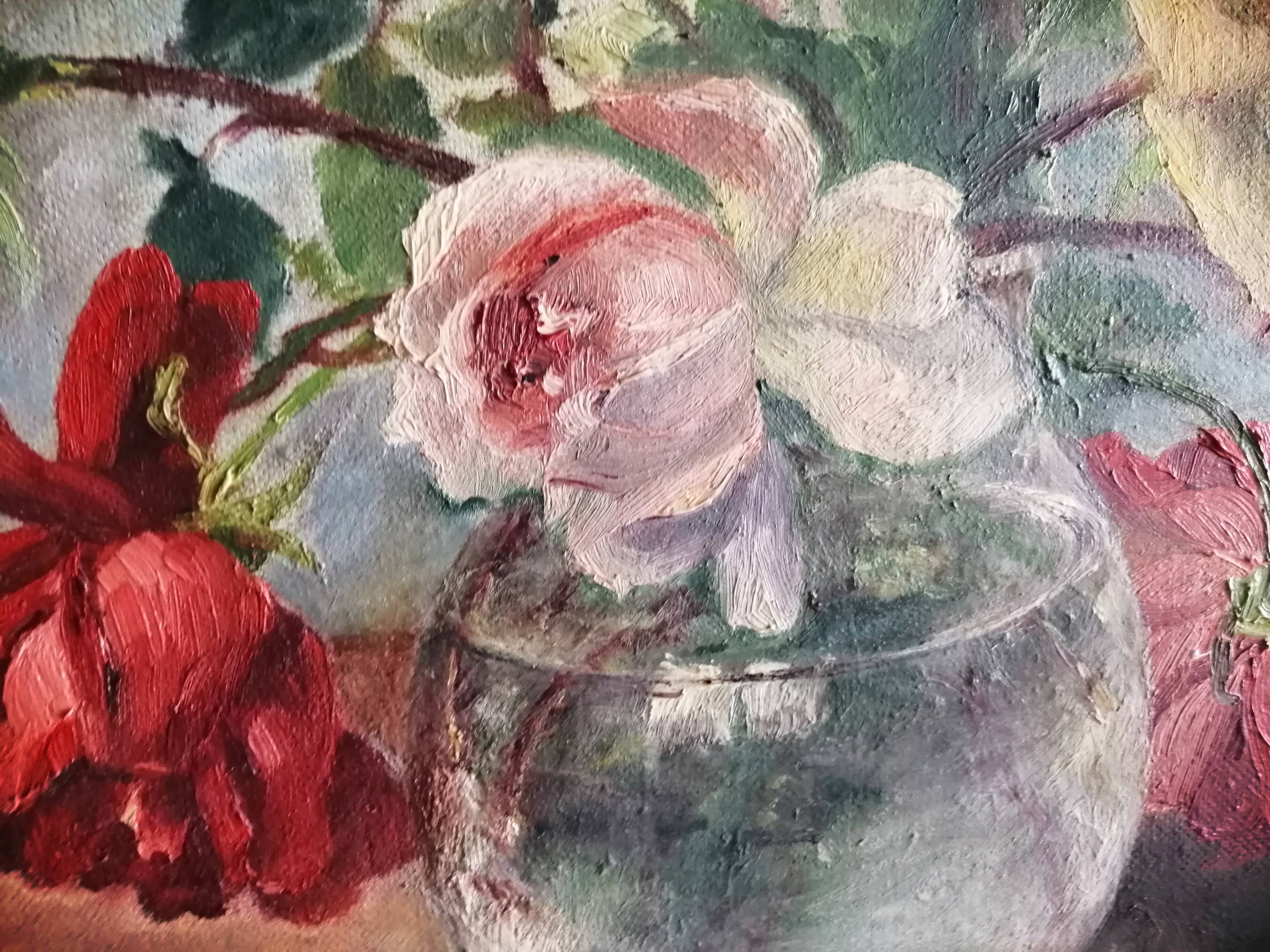 Oil on still life panel with roses