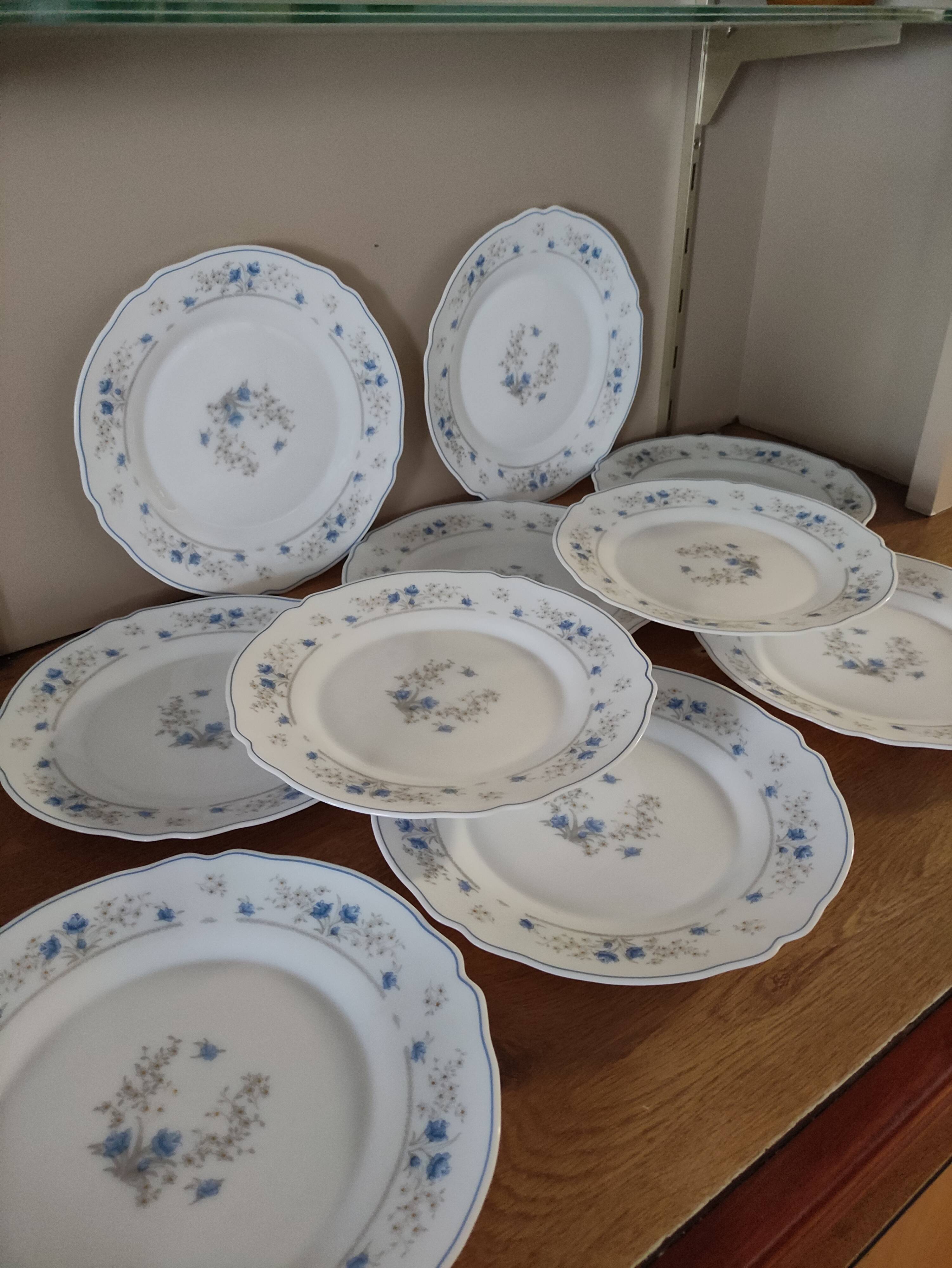 Series 10 flat plates Arcopal, white opaline with blue flowers