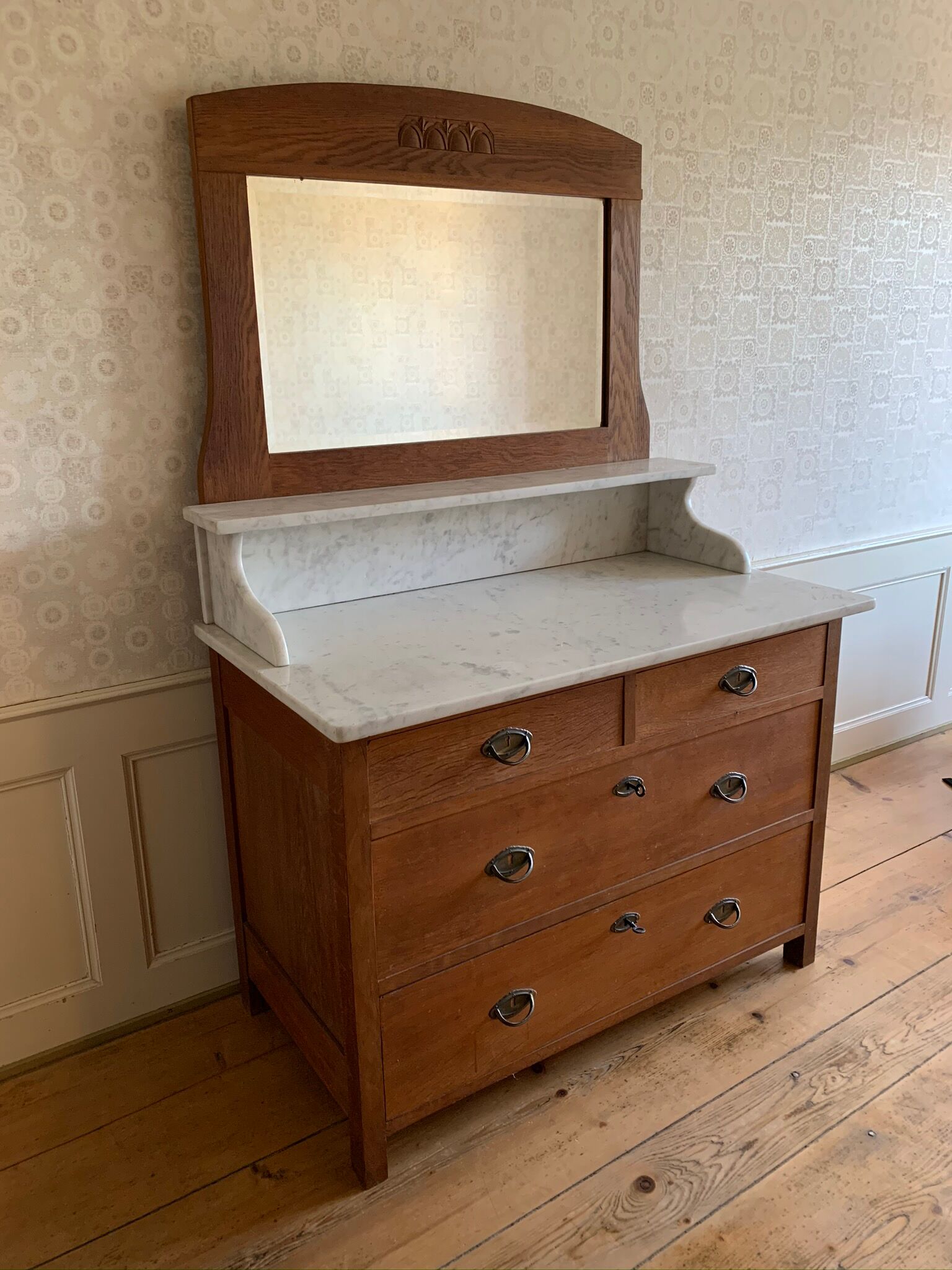 Wooden Chest of Drawers with marble top & mirror, antik country house 19th Century