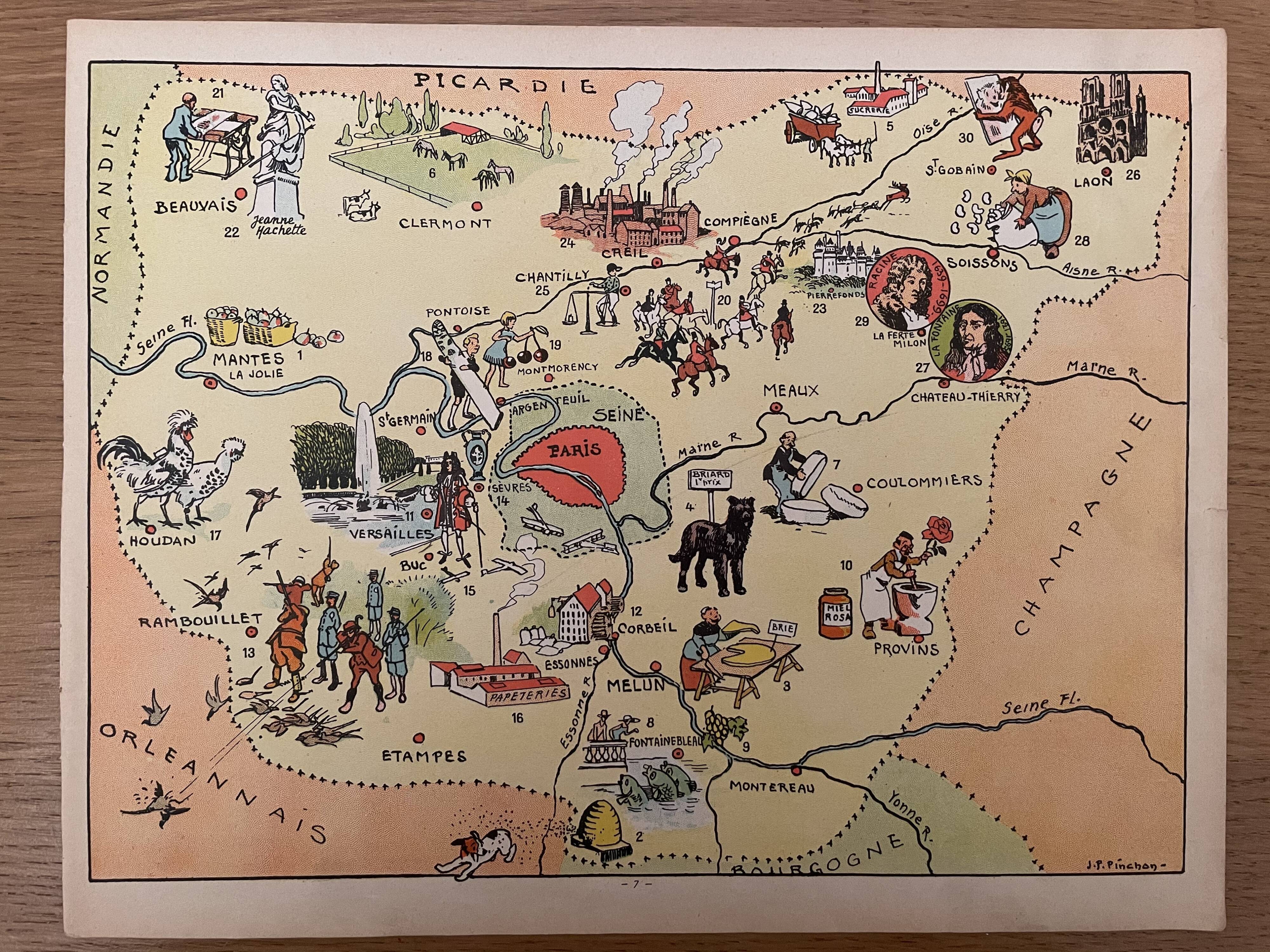 Old illustrated map of the Ile de France - JP Pinchon