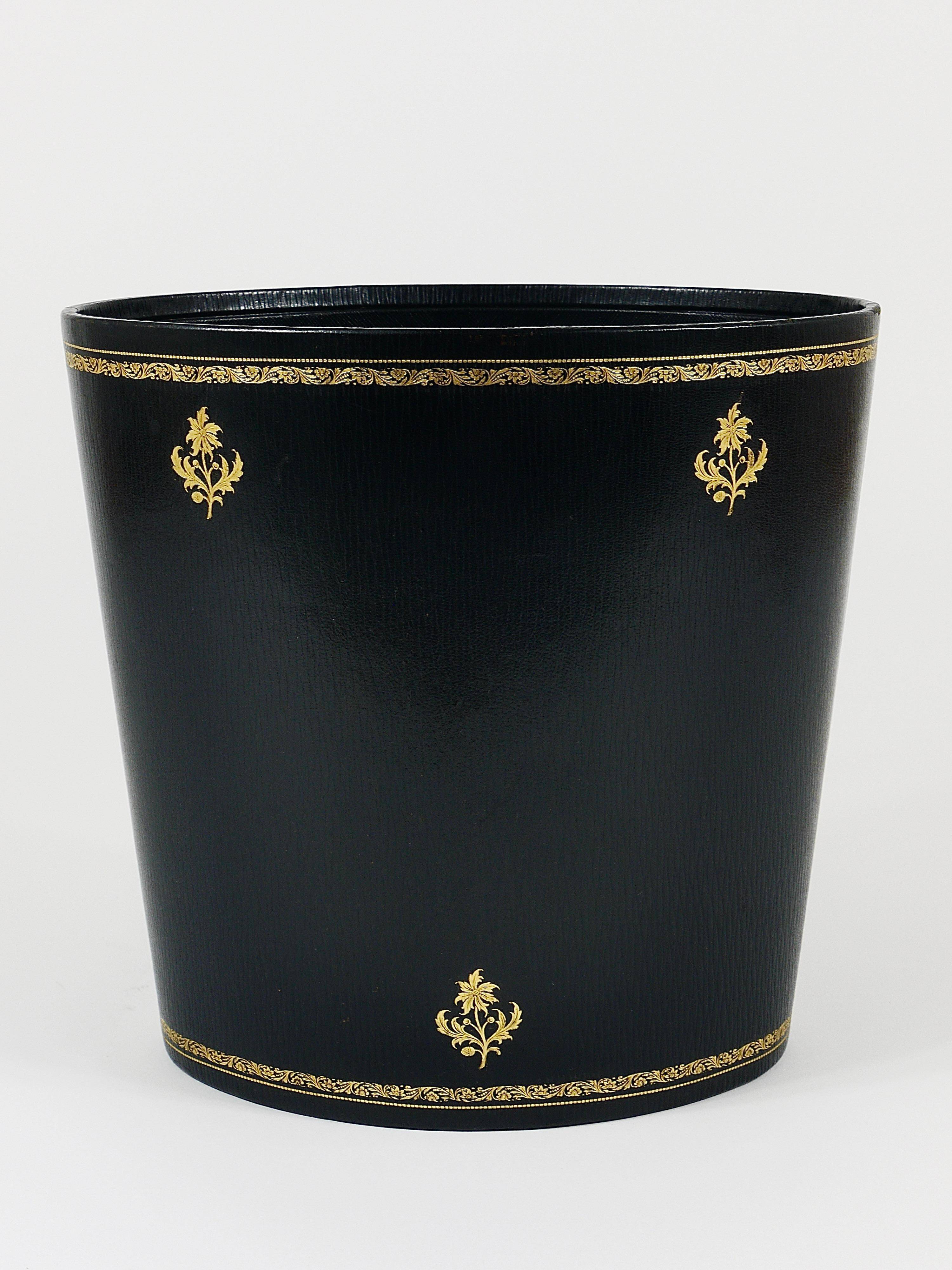 Morabito Paris Corbeille à papier en cuir noir et or, France, années 1970
