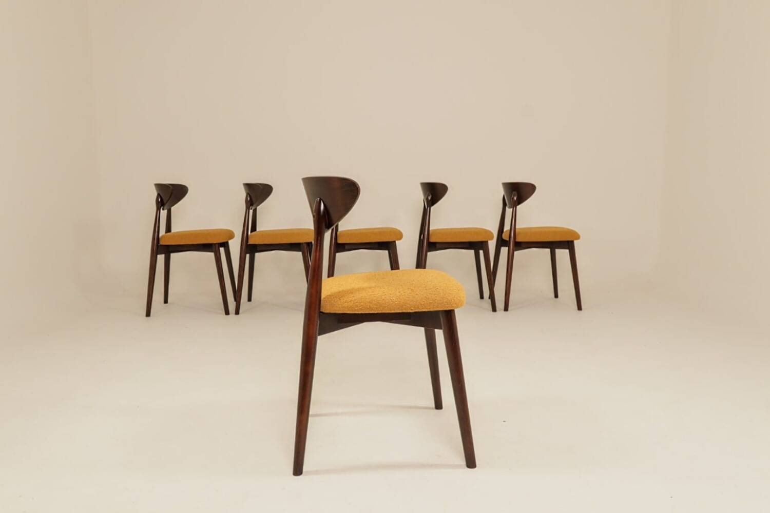 Ocra Dining Chairs set of 6, yellow bouclè fabric, Dark wood