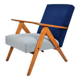 Original armchair compas, pied de poule, blue velvet, 1960s, restored