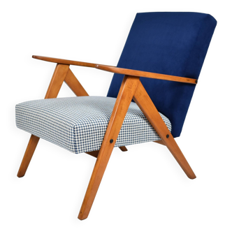 Original armchair compas, pied de poule, blue velvet, 1960s, restored