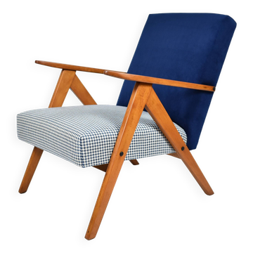 Fauteuil compas original, pied de poule, velours bleu, années 1960, restauré