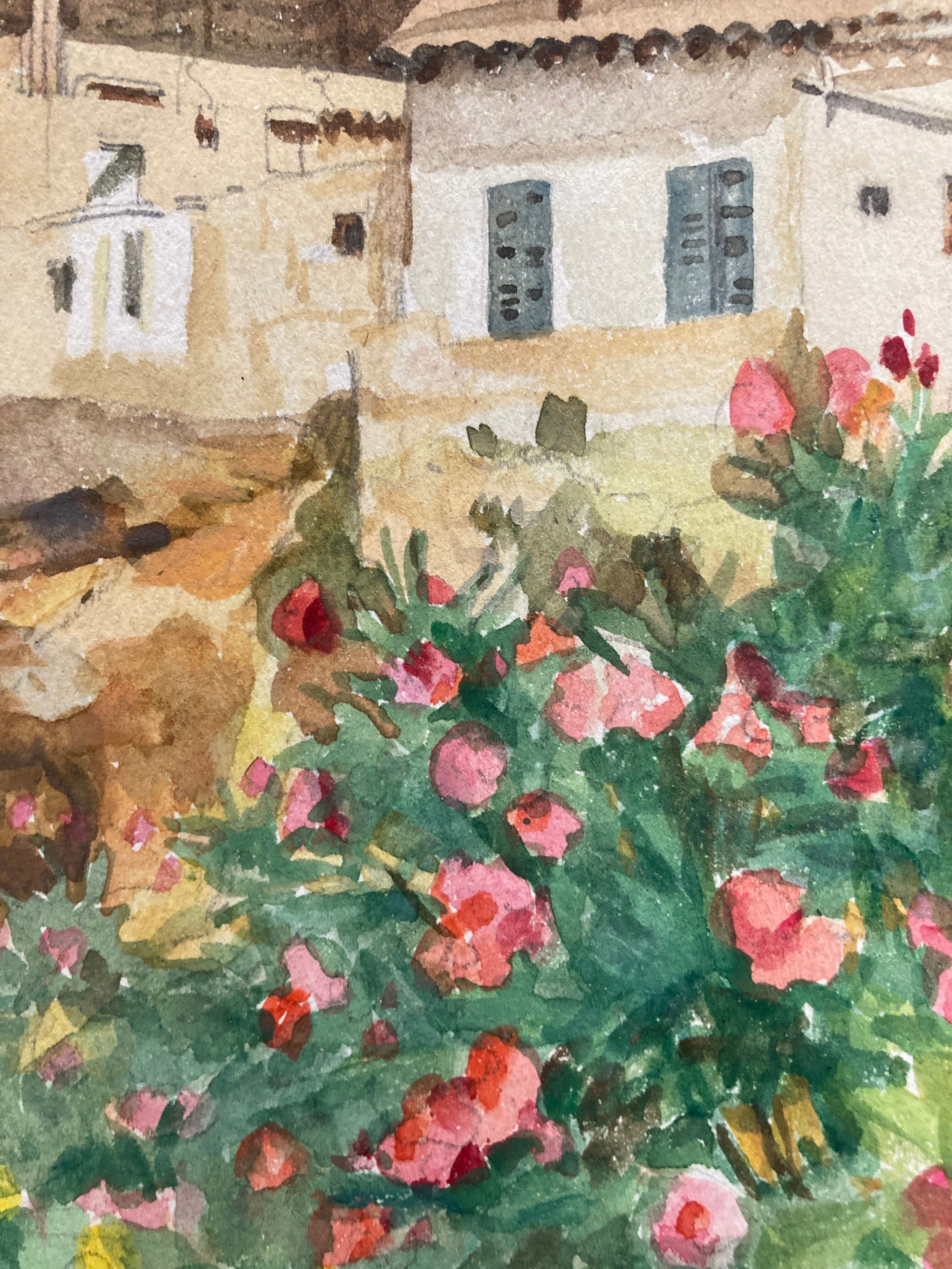 Watercolor landscape with vintage mills