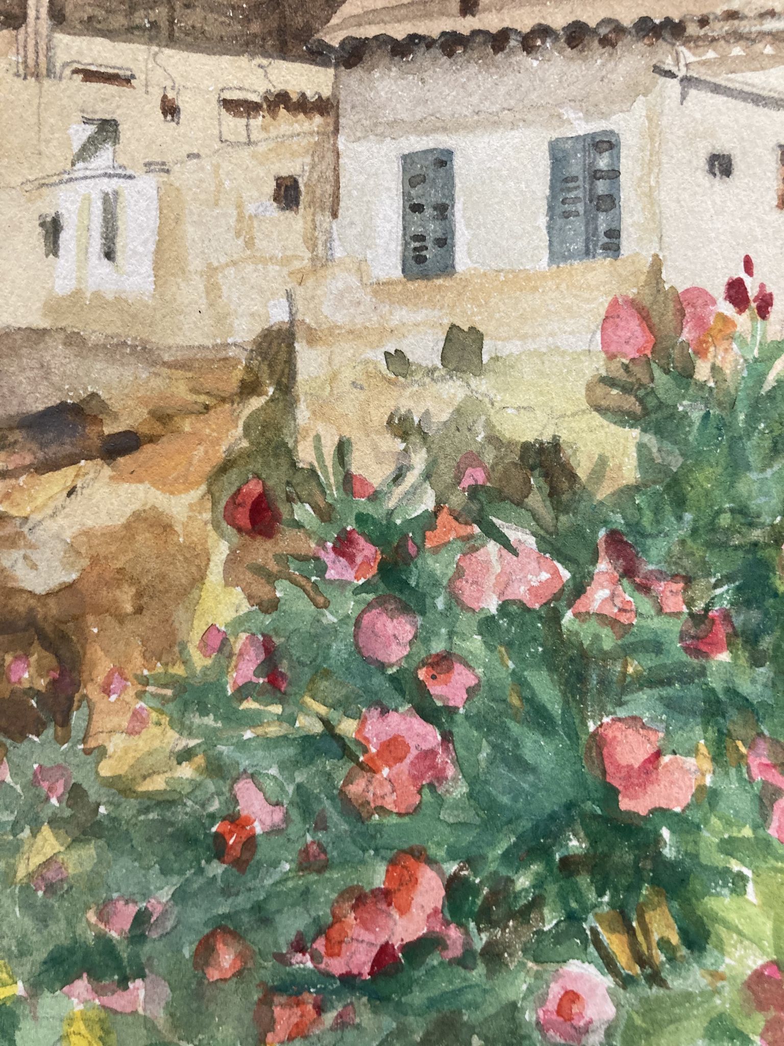 Watercolor landscape with vintage mills