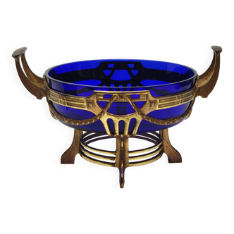 Ancienne jardinière centre de table en métal doré et verre bleu cobalt