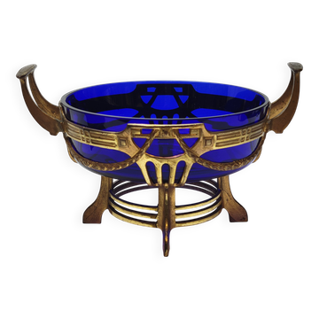 Ancienne jardinière centre de table en métal doré et verre bleu cobalt