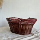 Grand panier vintage rotin foncé double anses amovibles et doublure rouge motif tartan