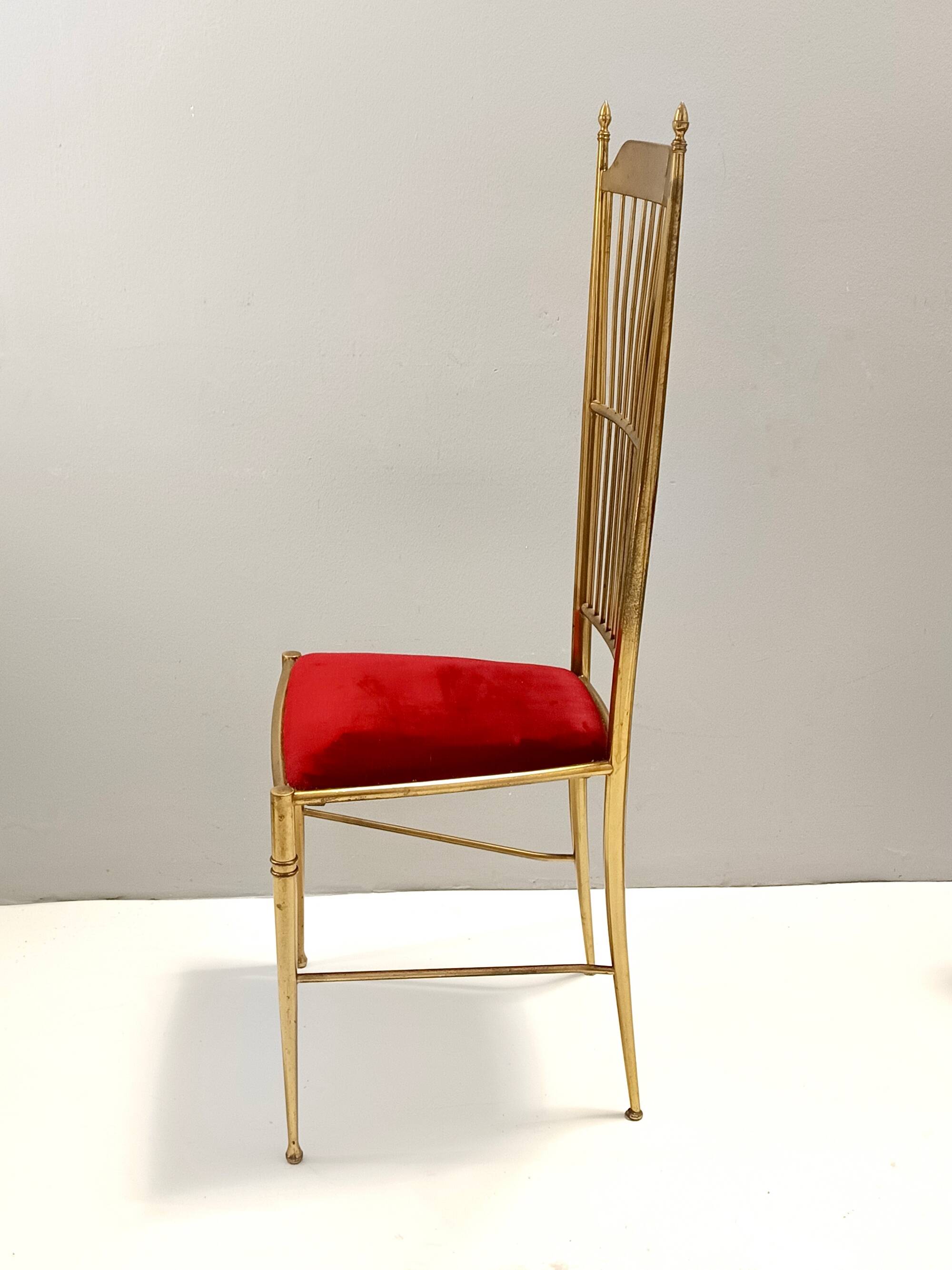 Pair of Vintage Brass and Red Velvet Chiavarine Chairs, Italy