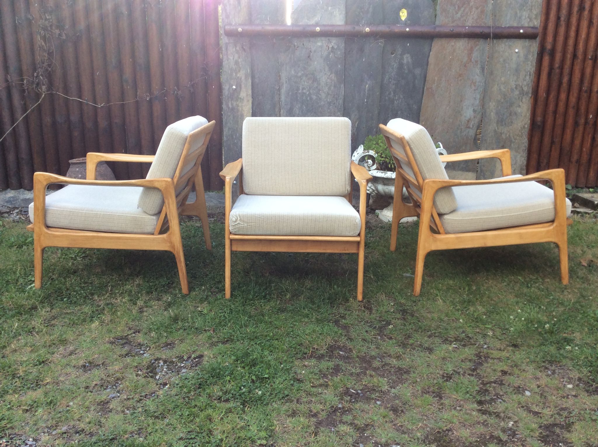 Vintage Scandinavian bench and armchairs of 4 pieces, 1 bench and 3 armchairs.