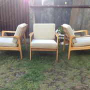 Vintage Scandinavian bench and armchairs of 4 pieces, 1 bench and 3 armchairs.