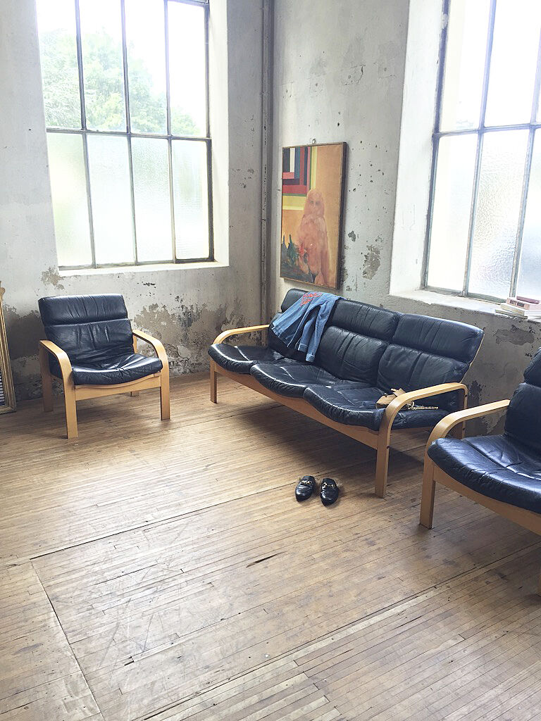 Danish sofa and armchairs curved wood and leather