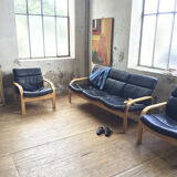 Danish sofa and armchairs curved wood and leather