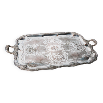 Plateau ancien en cuivre argenté – Gravures florales & armoiries