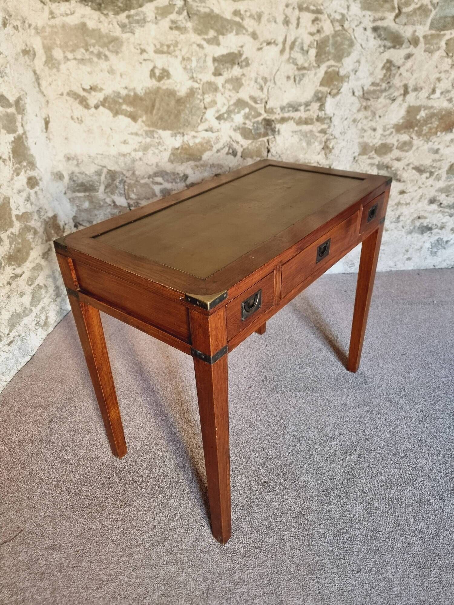 Vintage oak desk – 1970s – Green leather top and 3 drawers