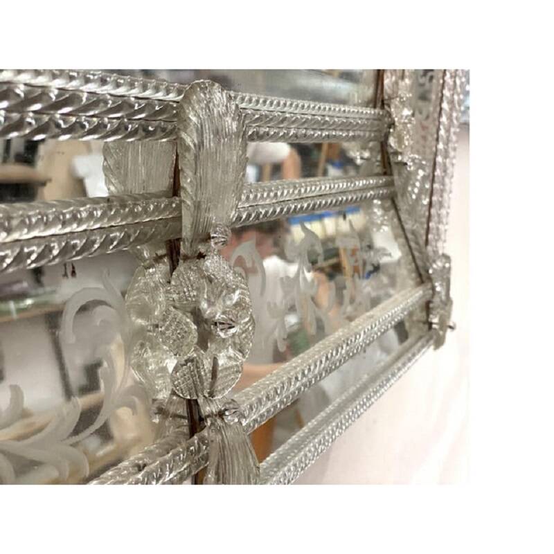Venetian Rectangular Floreal Hand-Carving Wall Mirror in Murano Glass Style